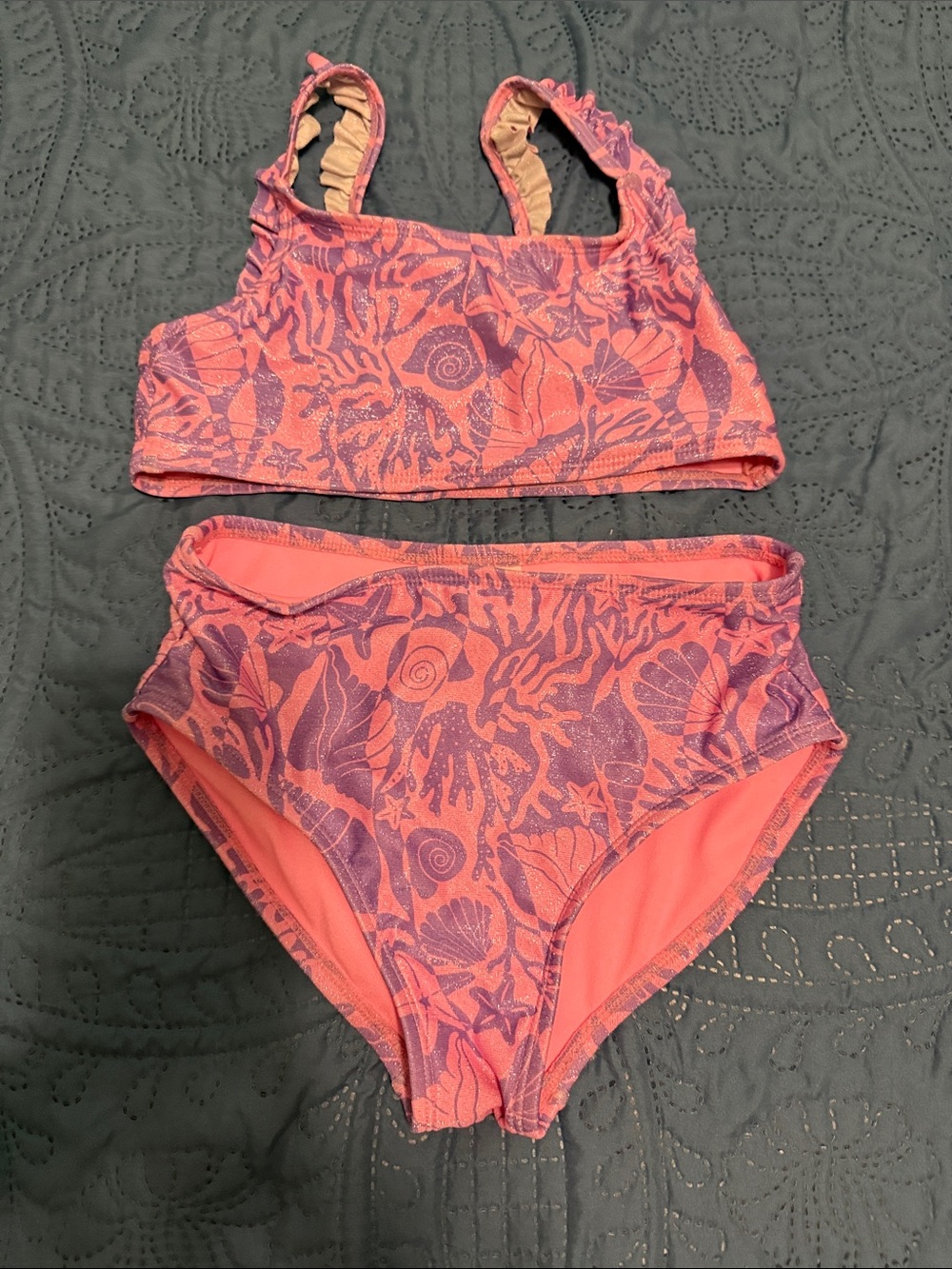 Cat & Jack Coral and Purple Shell Print Two-Piece Swim Set